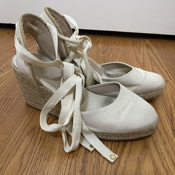 Stuart weitzman Ivory beige espadrille wrap wedge heels size US 9.5 - Picture 1 of 10